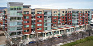 The exterior of the newly built mixed-use building called Regas Square was built.