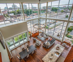 The newly designed, urban styled lobby of the recently built Regas Square building.