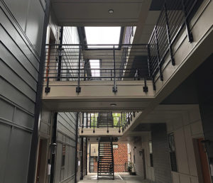 A view of the atrium for the brand new contemporary styled apartment building.