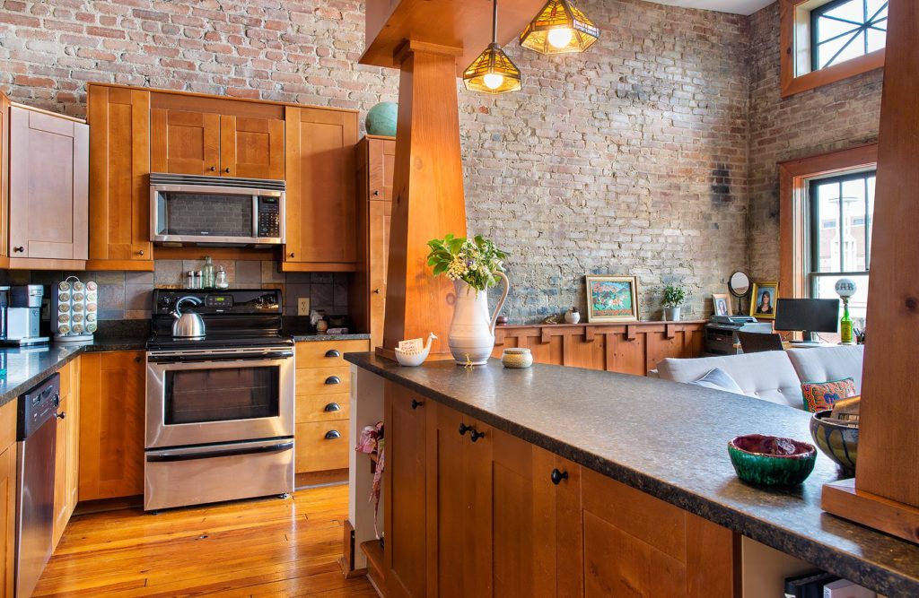 The kitchen located on a renovated floor for residential use on 29 Market Square.