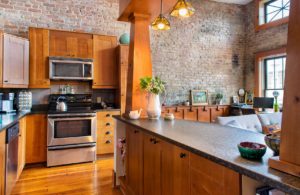 The kitchen located on a renovated floor for residential use on 29 Market Square.