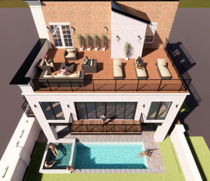 A rendered image of the addition of a pool, hot tob, seating area, second level balcony, and third level roof top deck.