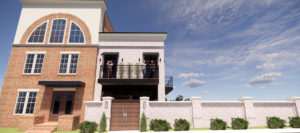 A rendering of the front exterior where there is now a balcony that overlooks the town center park and pool.
