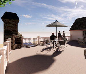 A rendoring of the Balcony of a renovated existing 1929 English Tudor style home.