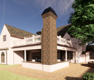 Rendering of an outdoor entertaining retreat that now features a walk-out deck , with outdoor seating on the lower level.
