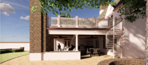 Rendering of an outdoor entertaining retreat that now features a walk-out deck , with outdoor seating on the lower level.