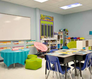 A renovated classroom at Annoor Acadamy to stimulate the children's thinking process by the bright colorful accessories.