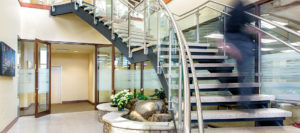 An interior view, including the staircase, of Beverage Control's new headquarters after the completion of the building.