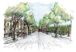 A drawing of the prospective residential neighborhood area where Campus Pointe apartment complex.