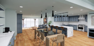 The newly designed living room, dining room, and kitchen of a converted basement.