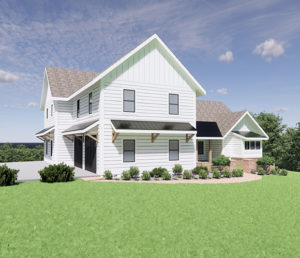 A side view of the rendering of a contemporary farmhouse custom built in the Smokies for a client.