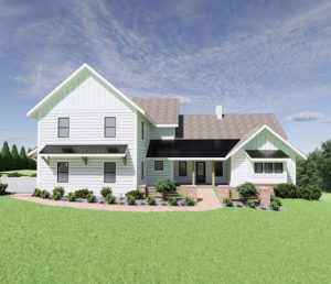 A front view of the rendering of a contemporary farmhouse custom built in the Smokies for a client.