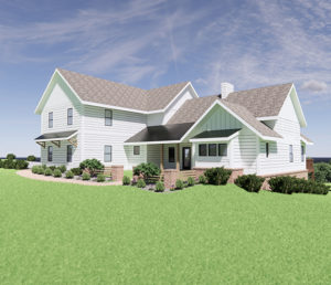 A side view of the rendering of a contemporary farmhouse that captures the landscape of the property.