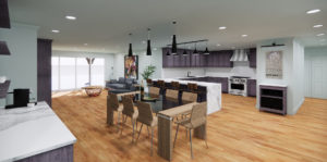 The addition of a modern kitchen, dining room, and living room to a converted basement,