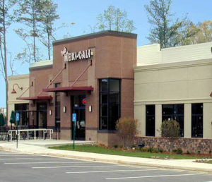 An outdoor view of a retail project that consisted of two buildings to accommodate up to dive restaurants on a three-acre site.