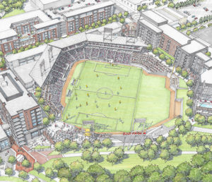 A sketch of the new Multi-Purpose Stadium being used for a soccer game.