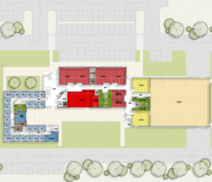 An architectural outline of the emergency response training facility to capture the different wings and rooms of the facility.