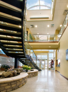 An interior view from underneath the staircase at Beverage Control's new headquarters.