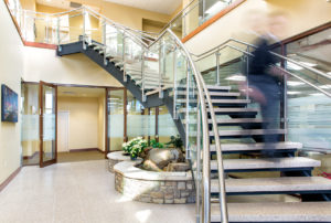 An interior view, including the staircase, of Beverage Control's new headquarters after the completion of the building.