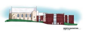 An architectural sketch of the north view of First Lutheran School expansion.
