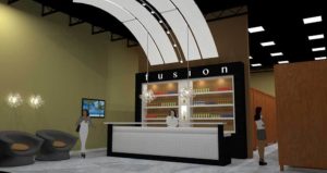 A rendering of the interior design of Fusion Tanning Studios.