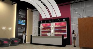 A rendering of the interior design of Fusion Tanning Studios.