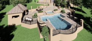 A rendered image of a resort style pool and bath house designed for a home in Knoxville.