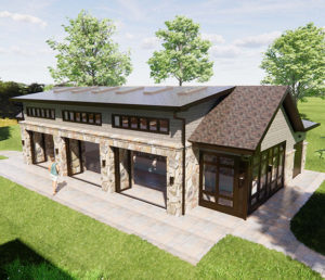A rendered image of the exterior of the indoor pool house, where you are able to view the front facade that allows the owner to mitigate energy consumption.
