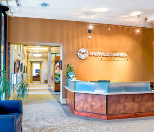 An interior view of the front desk of newly renovated Knoxville Area Chamber Partnership.