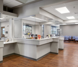 An interior view of the lobby at Knoxville Institute of Dermatology, capturing the bright, open space of the lobby.