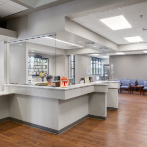 An interior view of the lobby at Knoxville Institute of Dermatology, capturing the bright, open space of the lobby.