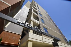 An exterior view of the Lake Plaza Condominiums.