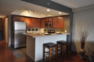 A view of a kitchen at the Lake Plaza Condominiums.