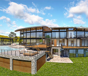 An exterior view of the 16,000 square-foot modern lake house during the day