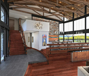 The spacious and modern common area where you're able to see the lake from the interior.
