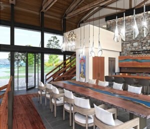 The dining area of the lake house where you're able to fully view the ladscaping from the interior.