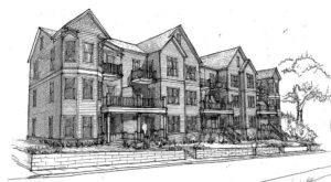 An architectural sketch of the Laurel Station Condominium project.