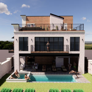 A rendered image of the addition of a pool, hot tob, seating area, second level balcony, and third level roof top deck.