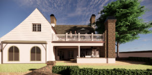 Rendering of an outdoor entertaining retreat that now features a walk-out deck , with outdoor seating on the lower level.