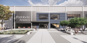 Rendered exterior view of the front of the manufacturing and warehouse space created for Portobello America.