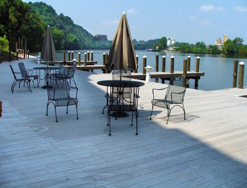 A view of the deck and 20-boat slip marina at the River Towne Condominiums