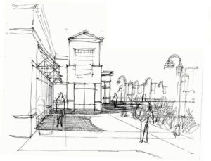 An architectural sketch of The Shops at Franklin Terrace.