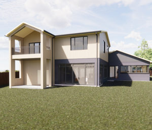 A rendering of the exterior view of the home, showing the modern look and generous amounts of glass to view the outdoors.