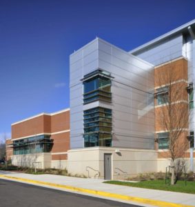 An exterior side view of the UT Student Health Center.