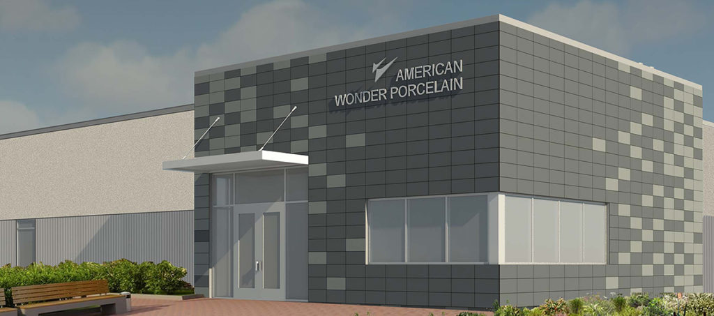 A rendered exterior view of the state of the art tile manufacturing facility.