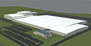 A rendering of the 480,000 square foot manufacturing facility as well as the 20,000 square foot space for offices and a showroom.