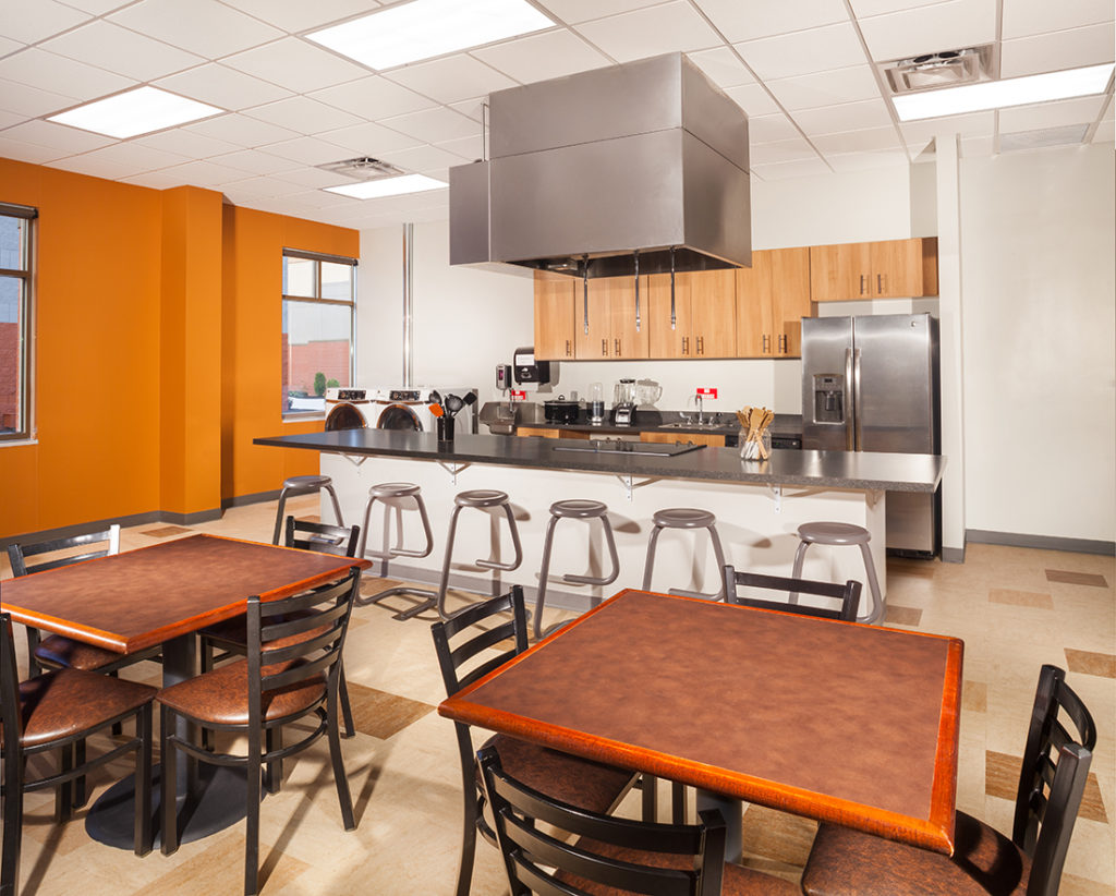 An interior view of the kitchen and cafeteria room for the newly build Boys and Girls Club.